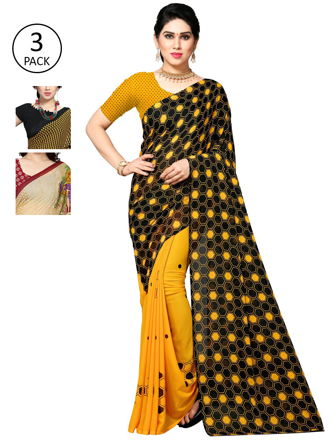 

KALINI Multicoloured Set of 3 Poly Georgette Saree, Multi