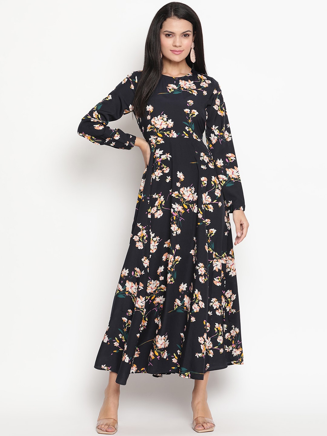

HOUSE OF KKARMA Navy Blue & Pink Floral Maxi Dress