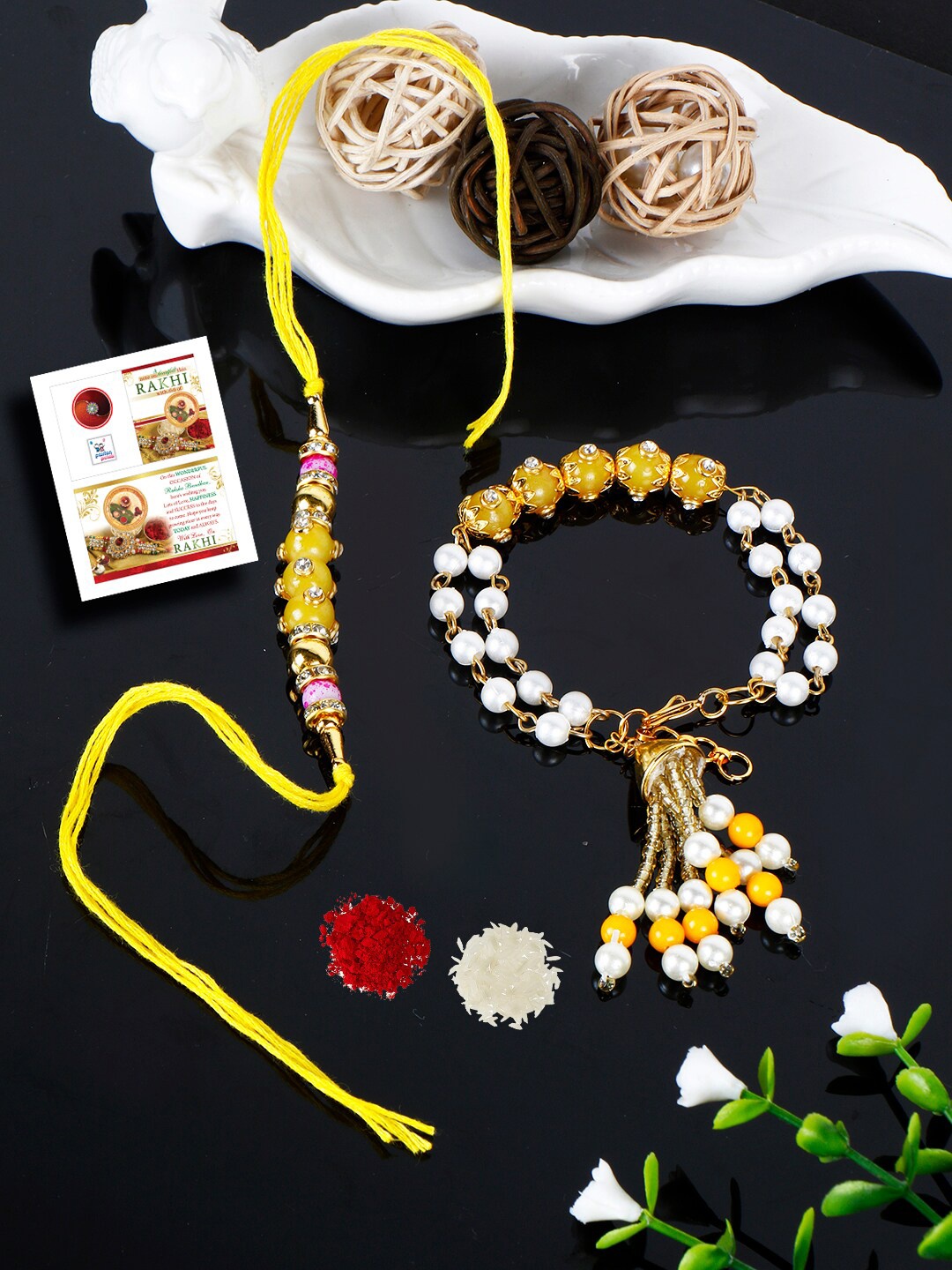 

PASSION PETALS Yellow Bracelet Style Bhaiya Bhabhi Rakhis With Card & Roli Chawal