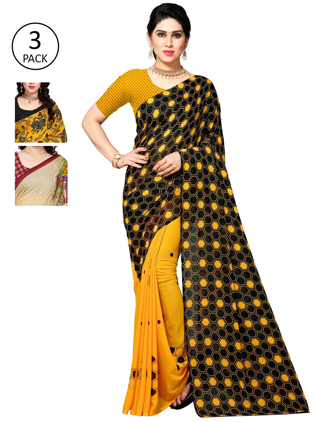 

KALINI Pack Of 3 Poly Georgette Sarees, Black