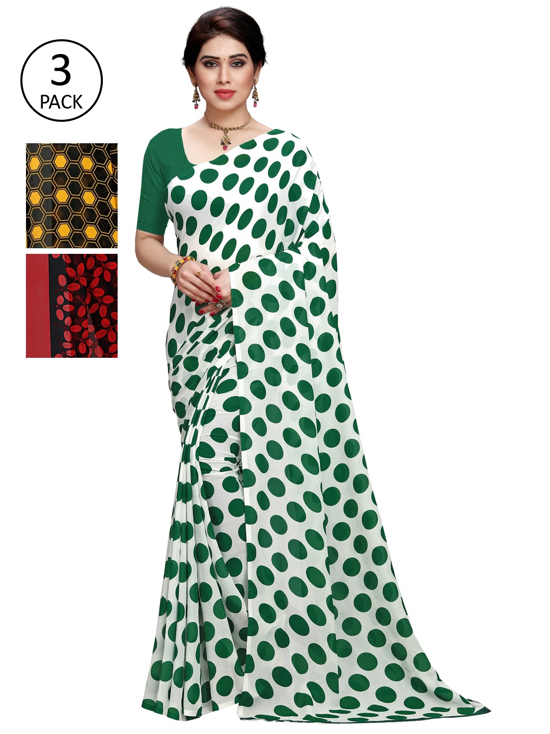 

KALINI Pack Of 3 Poly Georgette Sarees, White