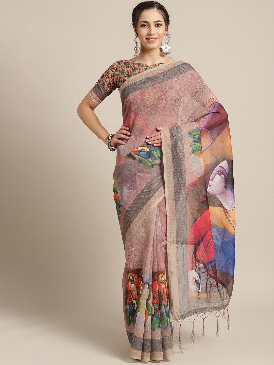 

Saree mall Beige & Blue Ethnic Motifs Art Silk Sarees