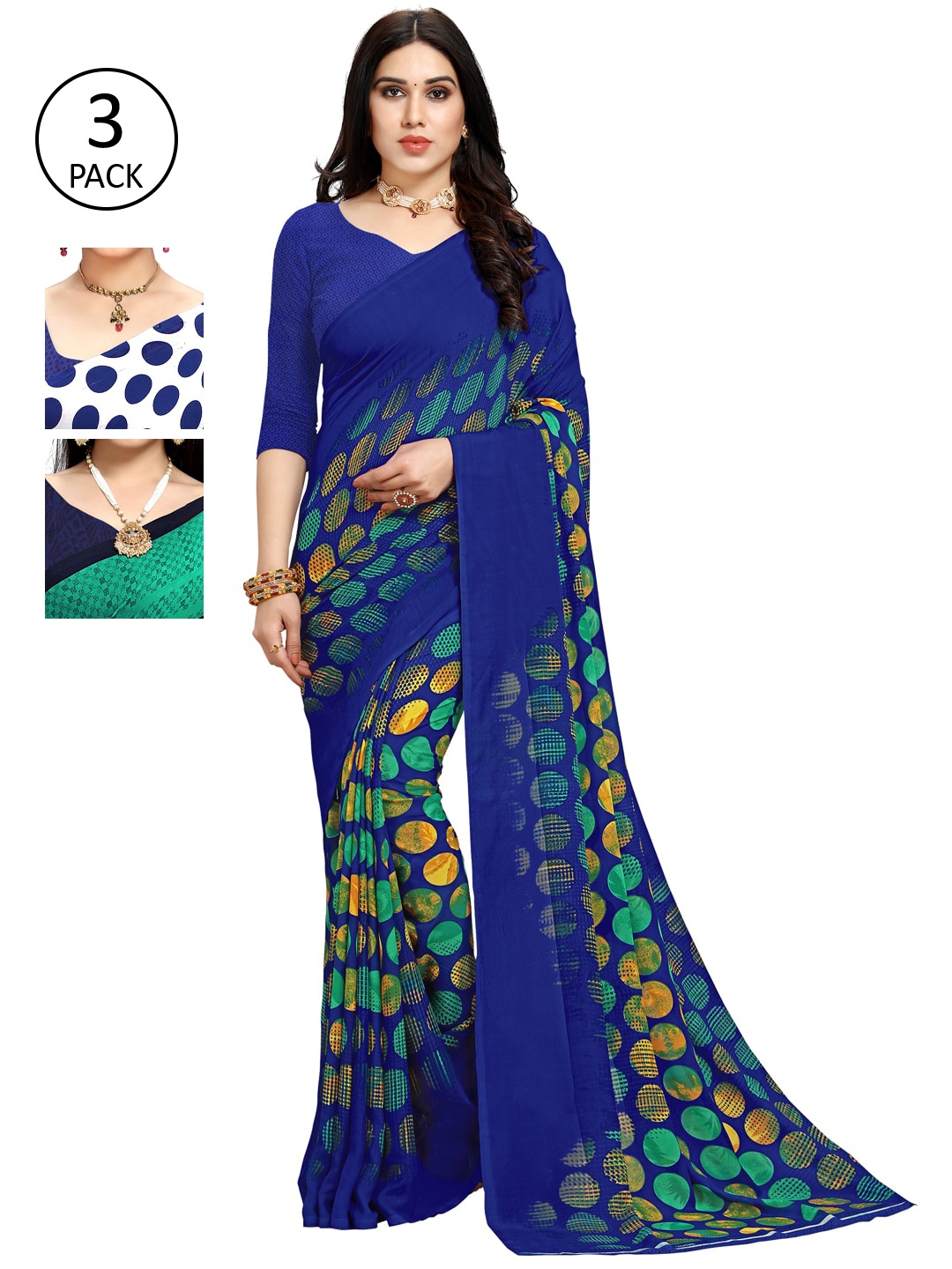 

KALINI Women Pack of 3 Printed Poly Georgette Sarees, White