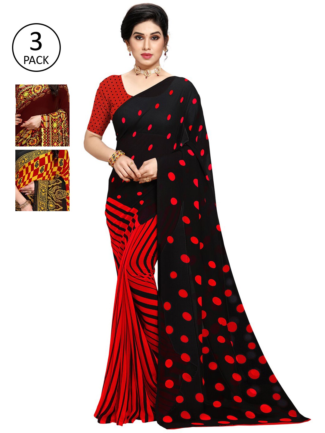 

KALINI Black & Red Pack of 3 Saree