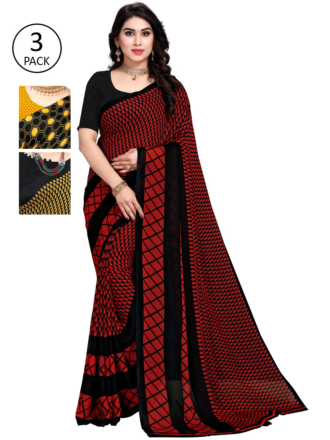 

KALINI Pack of 3 Printed Poly Georgette Saree, Multi