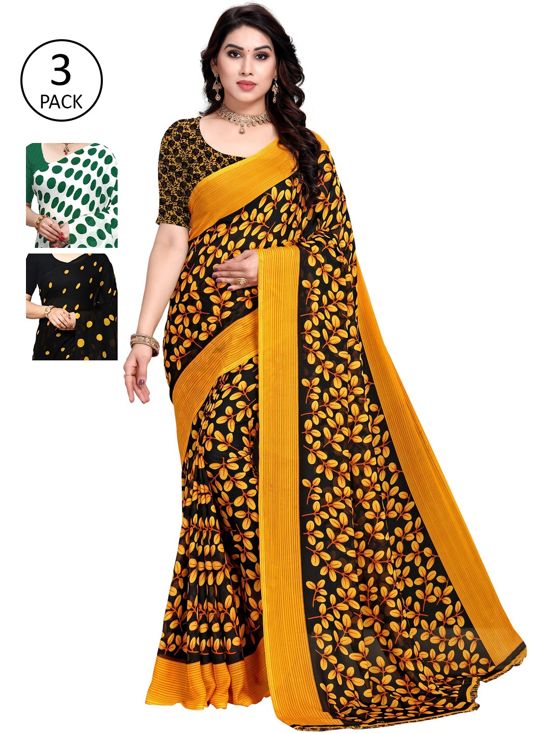 

KALINI Multicoloured Set of 3 Poly Georgette Saree, Multi