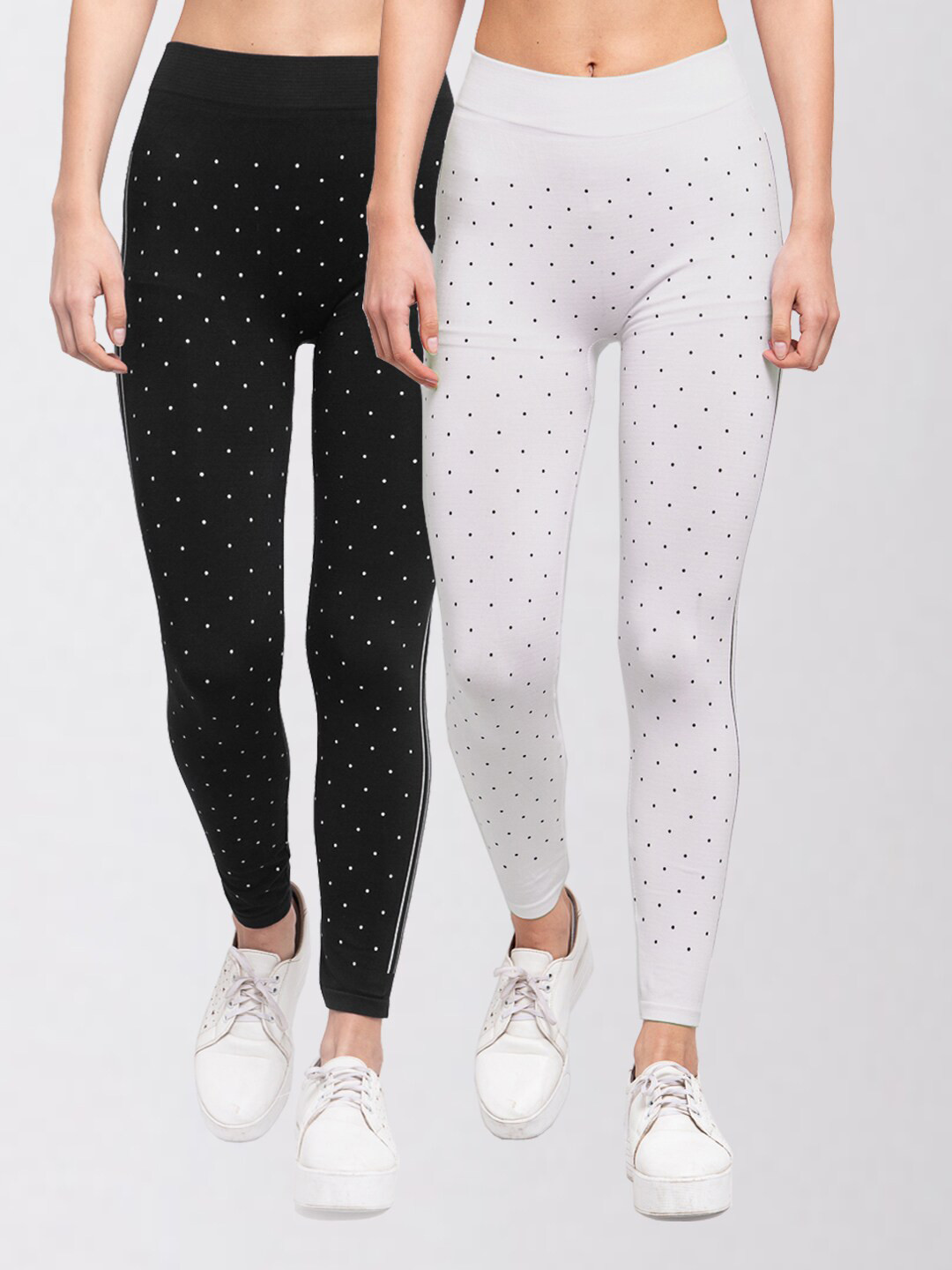 

KLOTTHE Women Pack Of 2 Polka Dot Printed Skinny-Fit Jeggings, Black