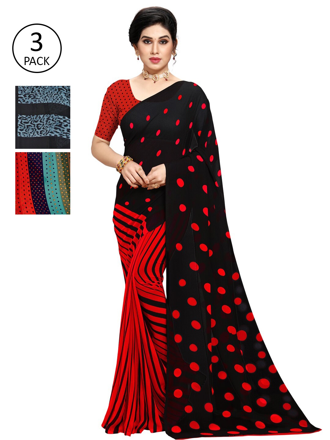 

KALINI Women Pack of 3 Printed Poly Georgette Sarees, Black