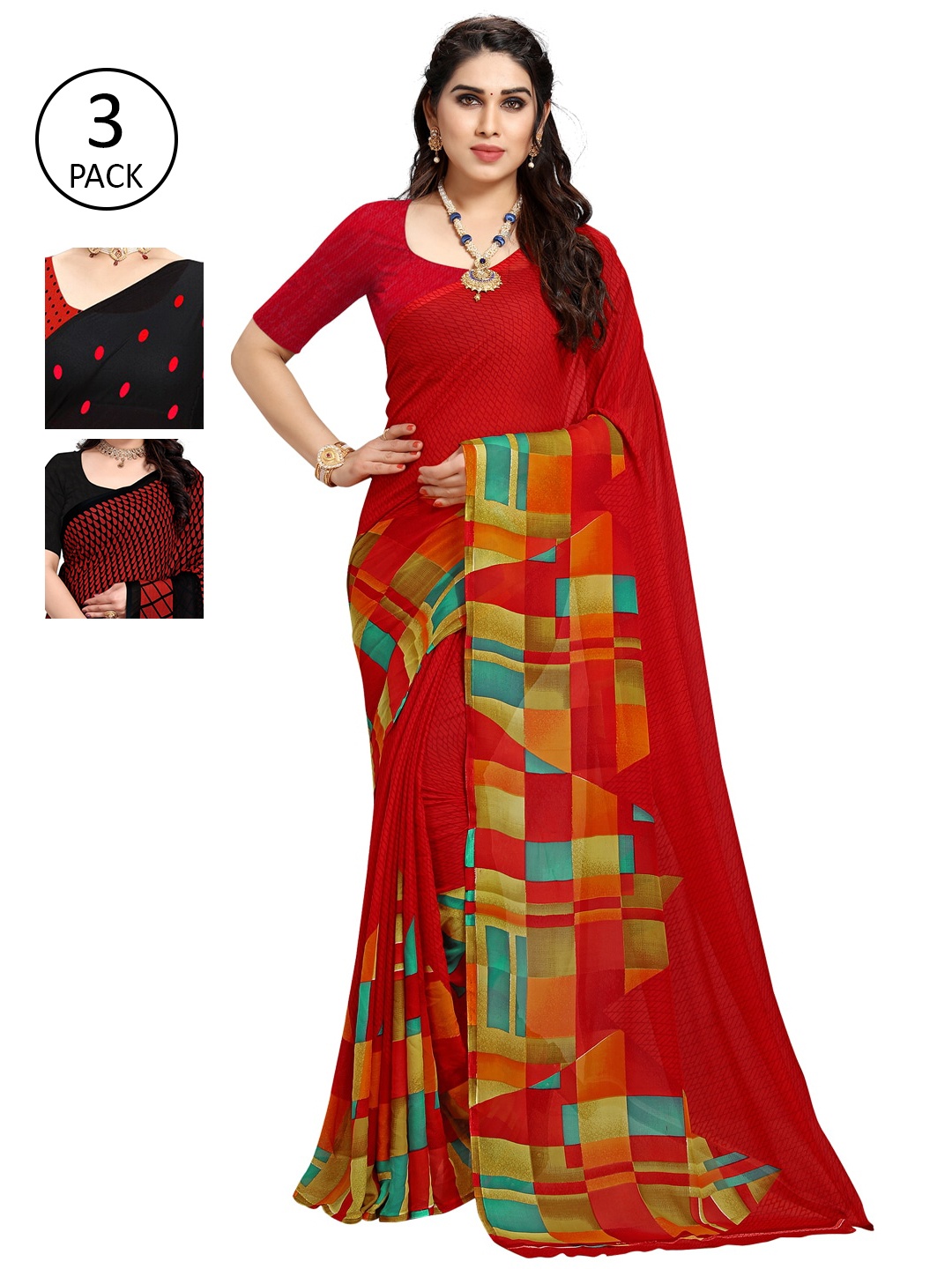 

KALINI Multicoloured Set of 3 Poly Georgette Saree, Multi