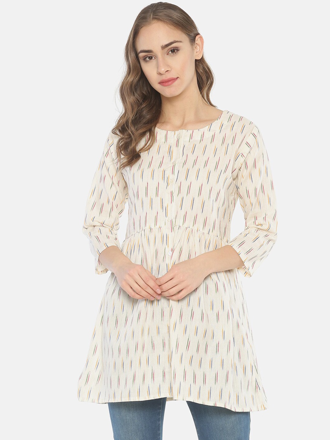 

Resha Off White & Red Geometric Woven Design Pure Cotton Handloom Empire Kurti
