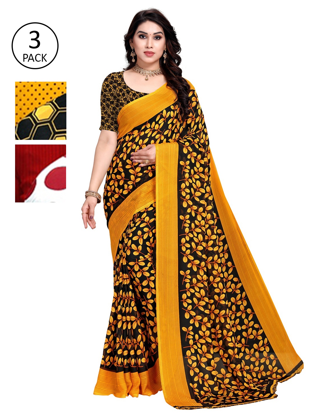 

KALINI Pack of 3 Printed Sarees, Black