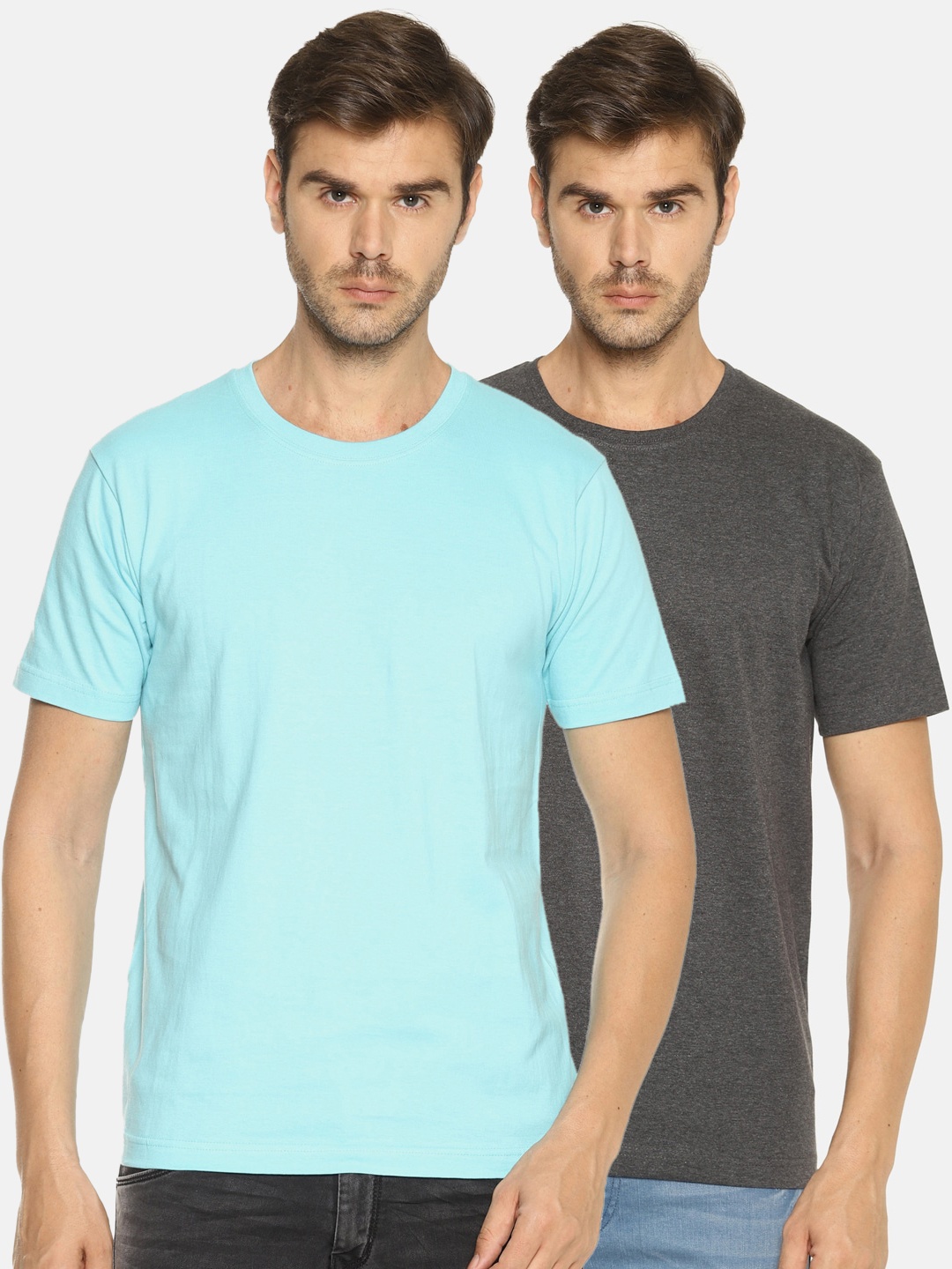 

OBOW Men Pack Of 2 Charcoal Grey Blue Solid Pure Cotton T-shirt