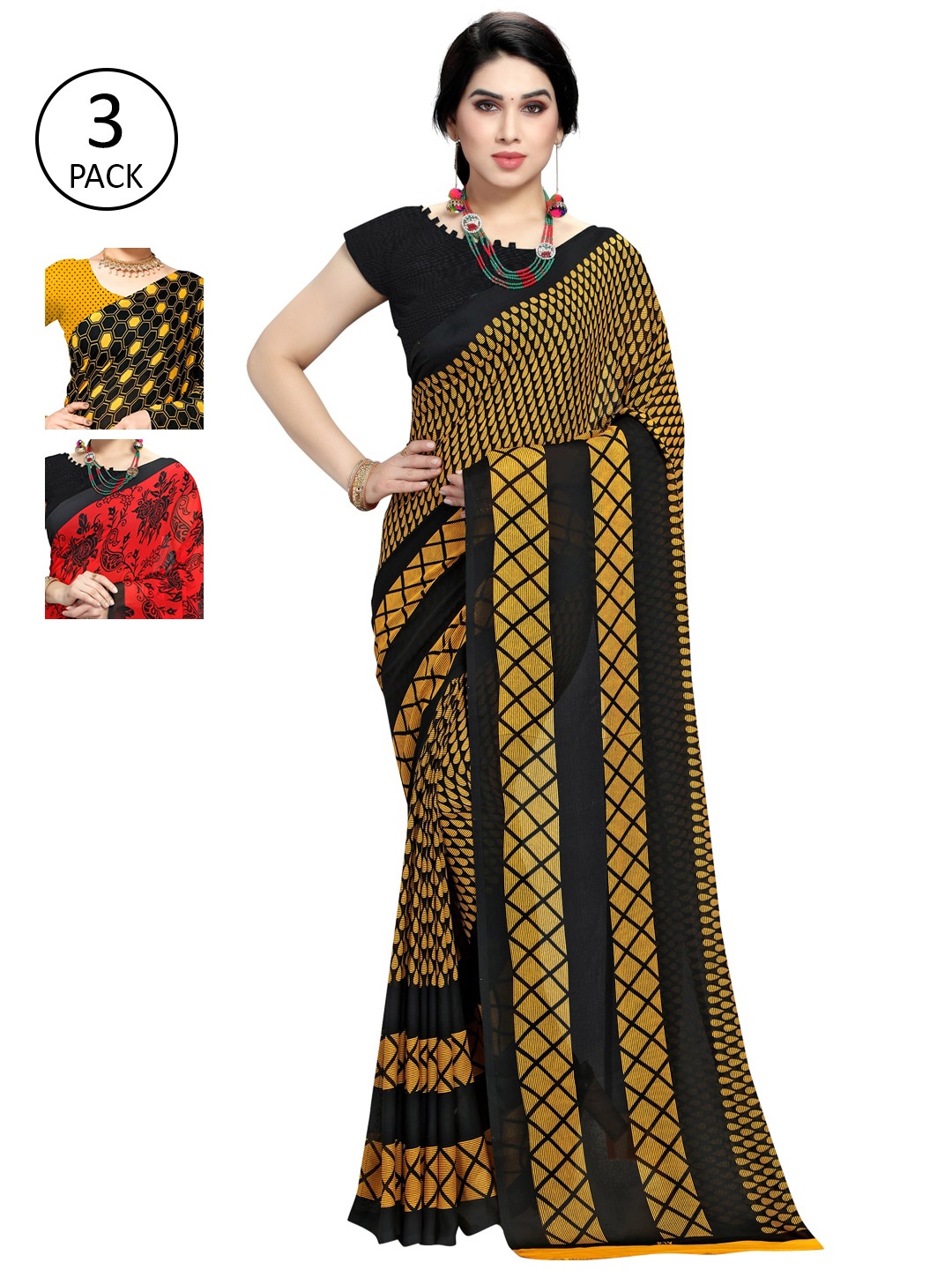 

KALINI Pack of 3 Yellow & Black Saree