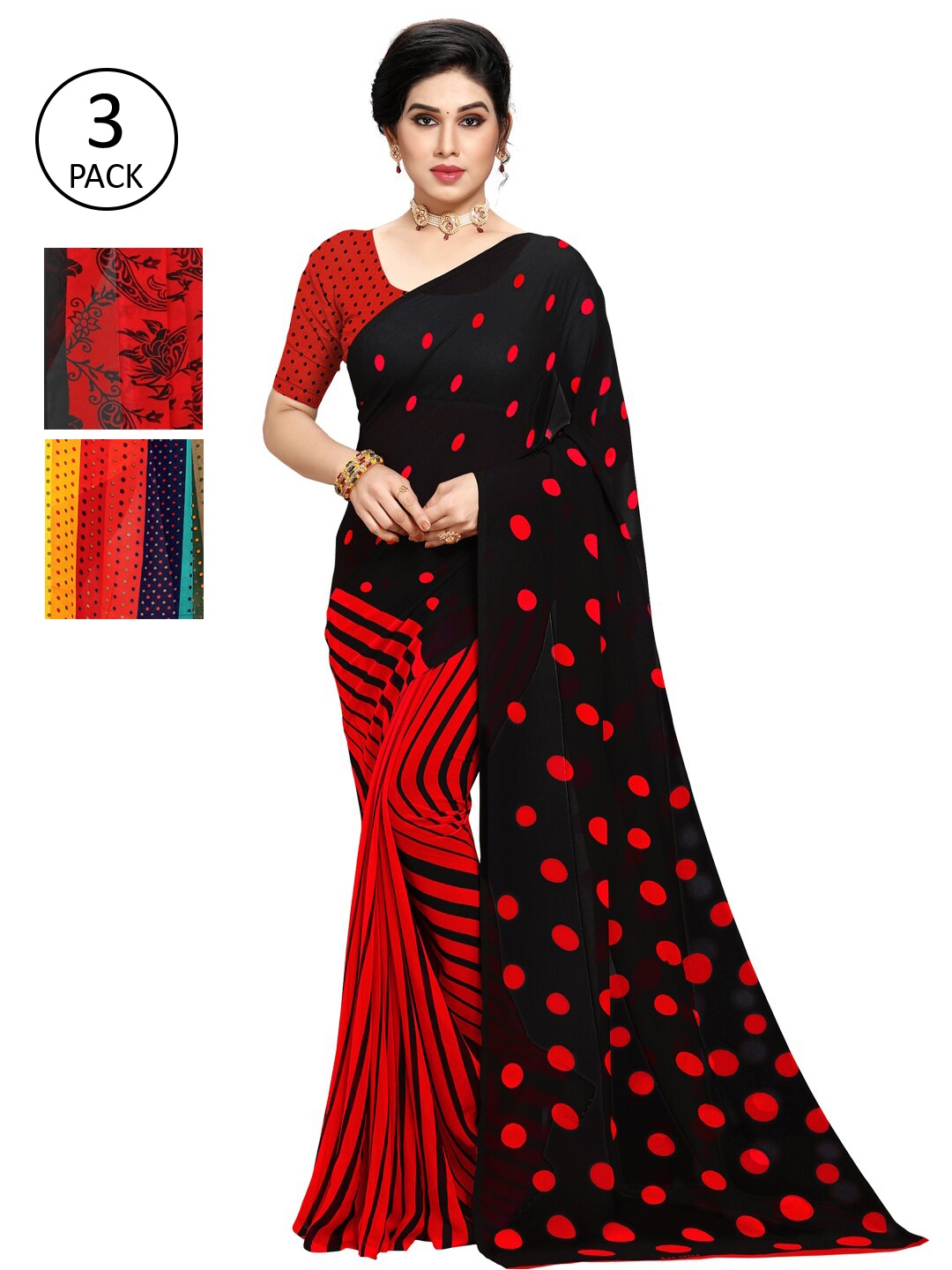 

KALINI Pack Of 3 Printed Sarees, Red