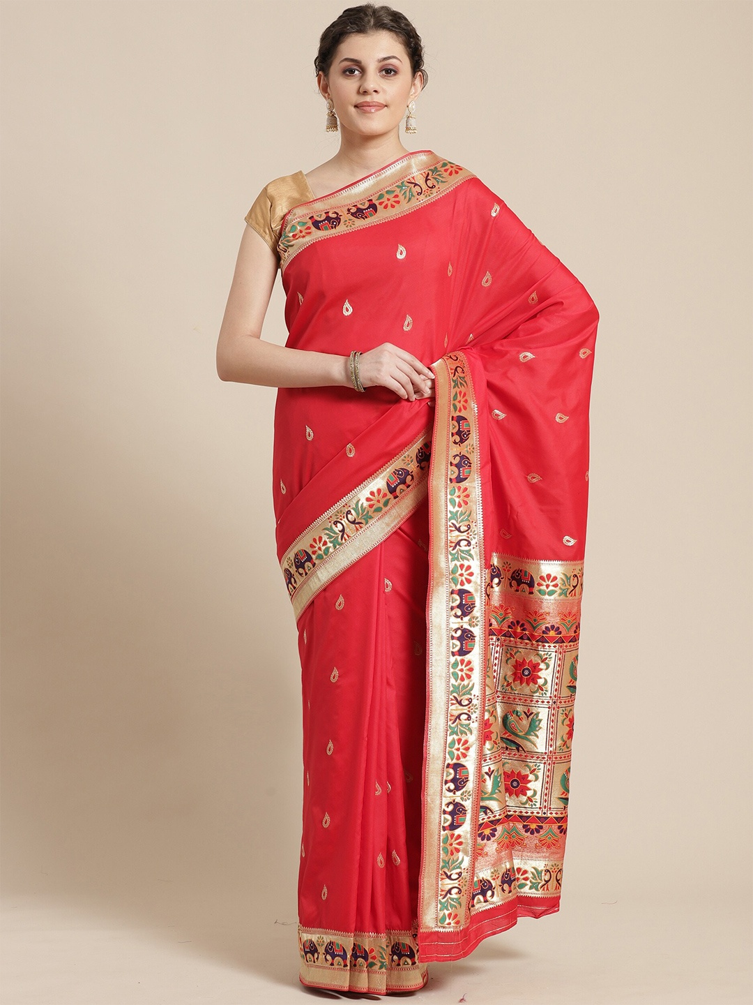 

Saree mall Red & Gold-Toned Woven Design Zari Silk Blend Sarees