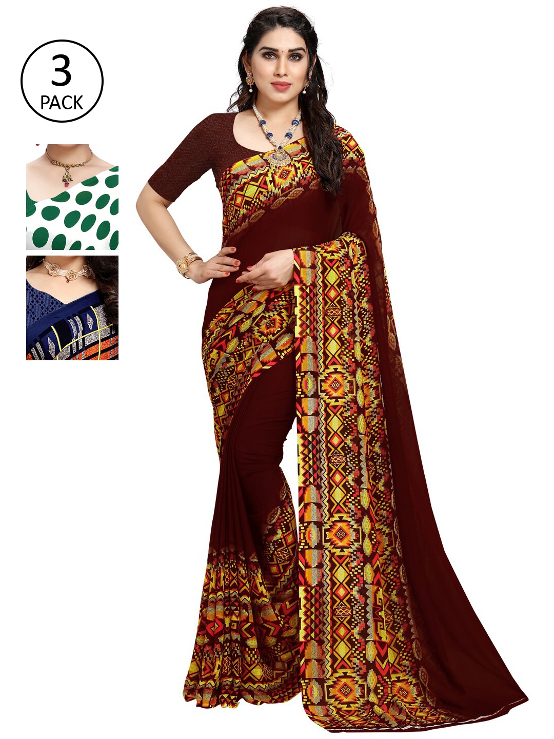 

KALINI Women Pack of 3 Printed Poly Georgette Sarees, Maroon