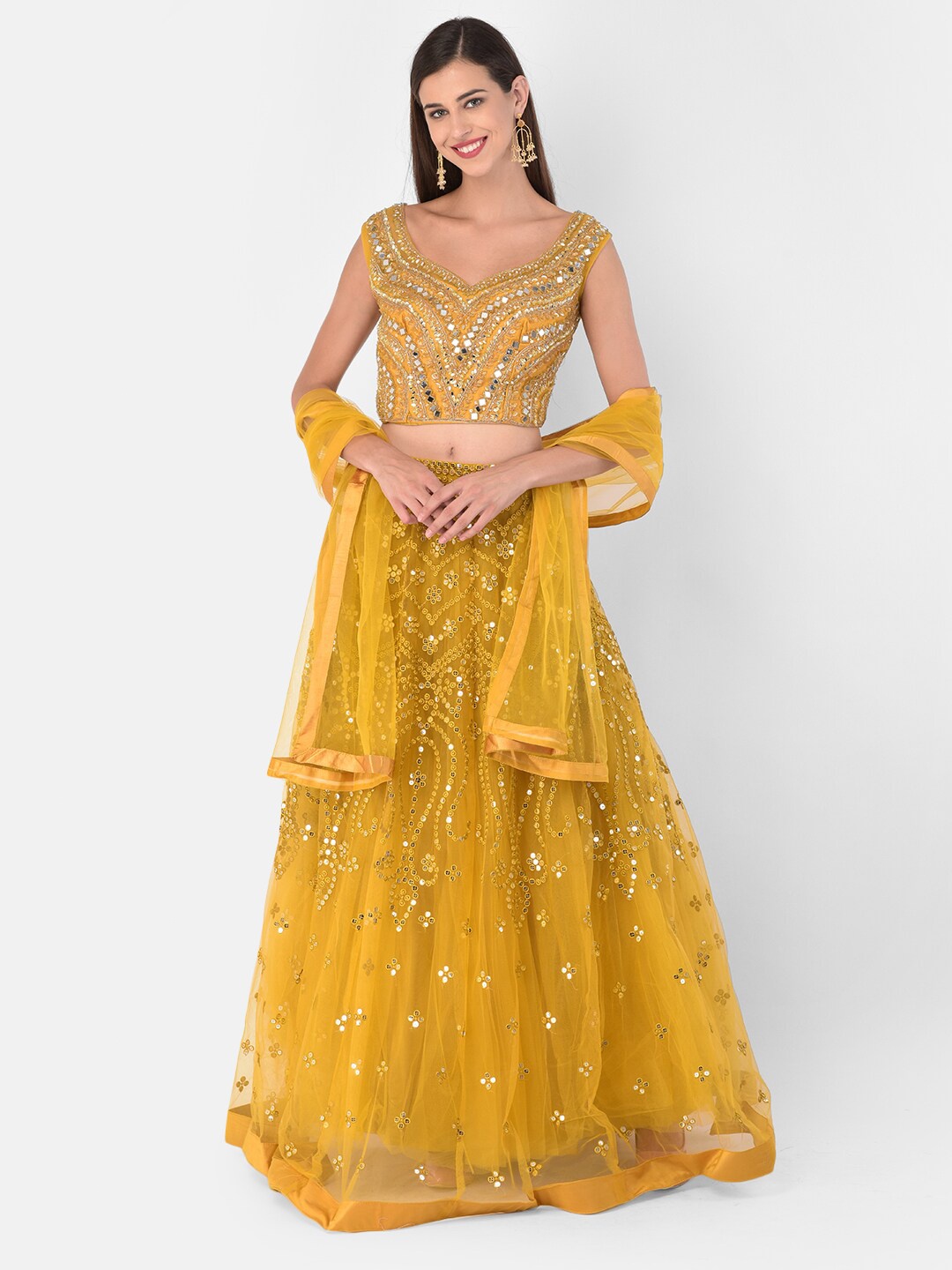

Neerus Mustard & White Embellished Mirror Work Ready to Wear Lehenga & Blouse With Dupatta