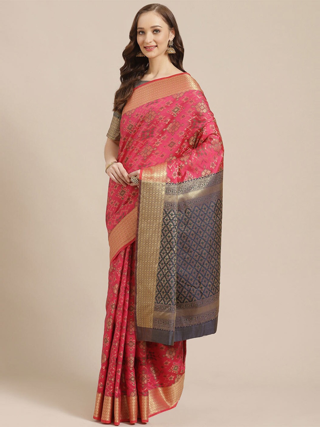 

Saree mall Pink & Grey Woven Design Silk Blend Banarasi Sarees