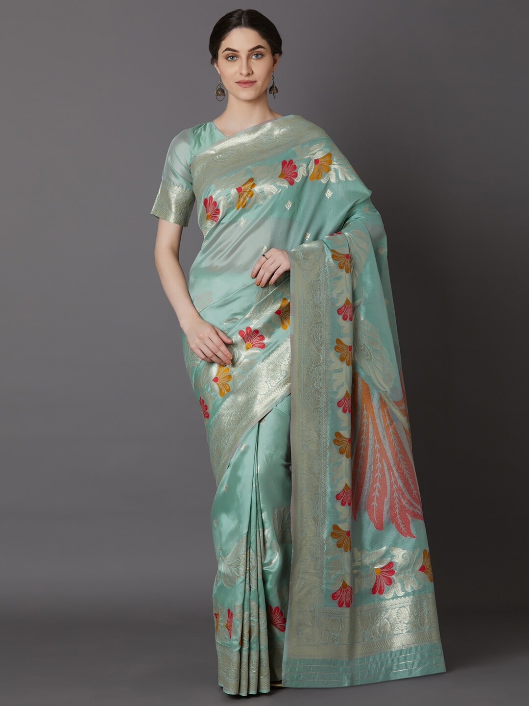 

Mitera Sea Green & Silver Woven Design Zari Detail Kanjeevaram Saree