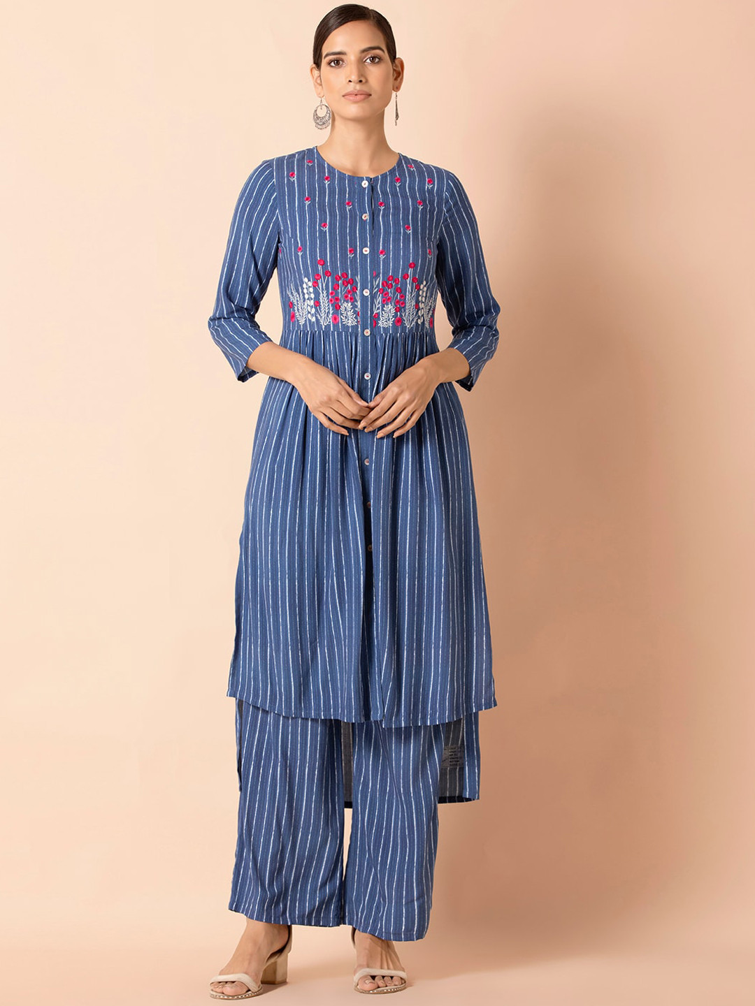 

INDYA Women Blue Striped Layered Kurti with Trousers