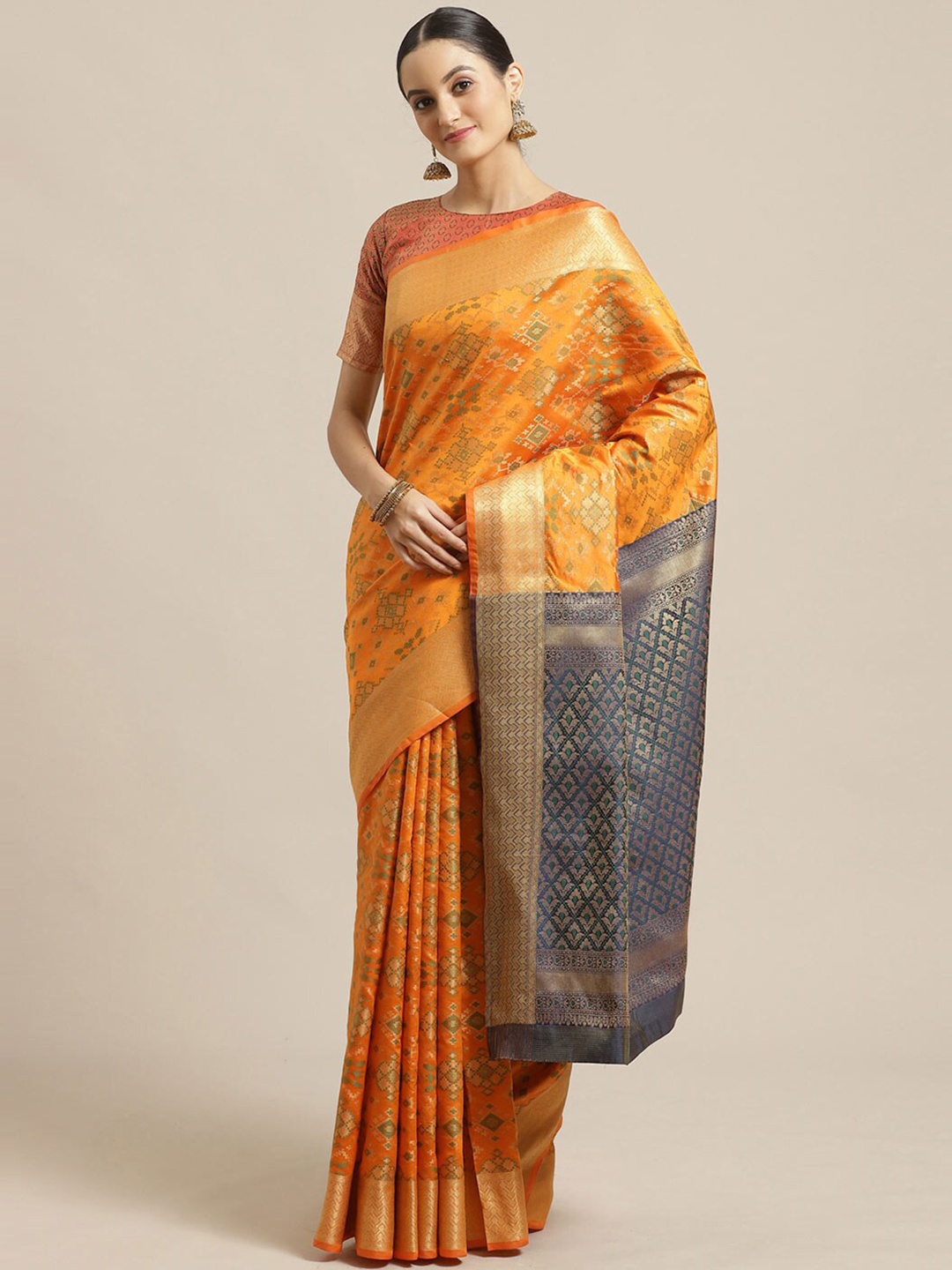 

Saree mall Orange & Golden Ethnic Motifs Silk Blend Banarasi Sarees