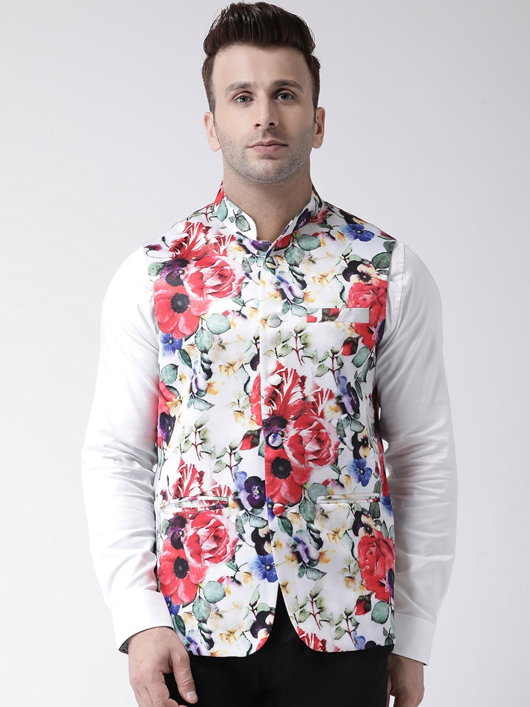 Hangup Men Red & White Printed Nehru Jacket