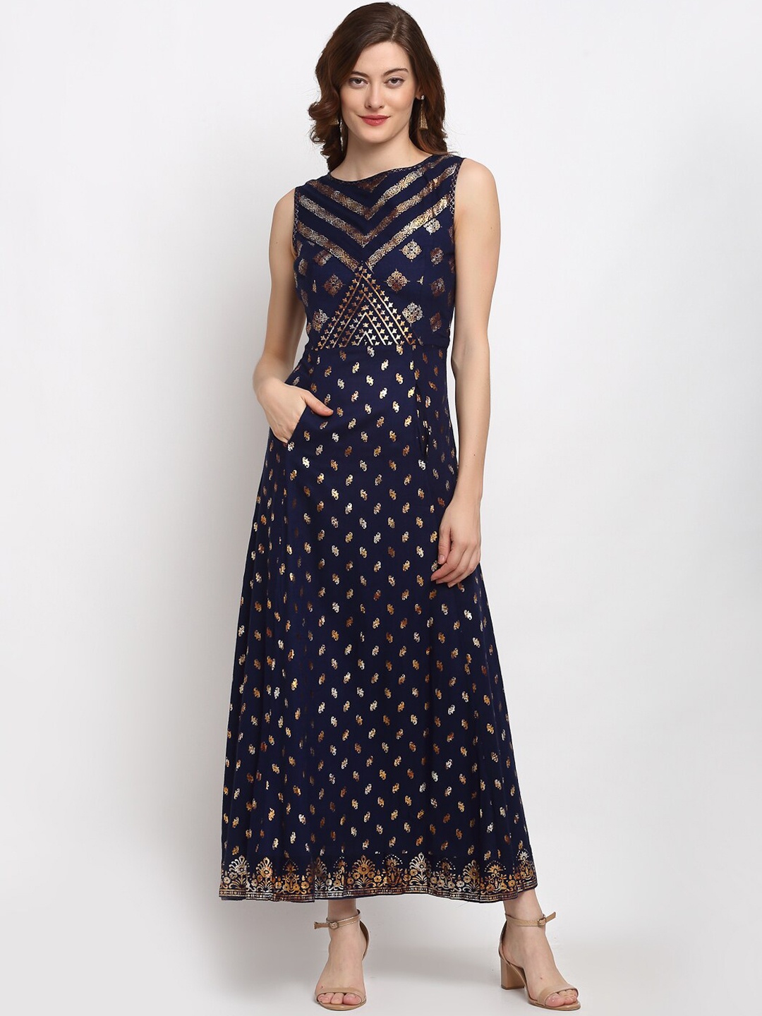 

Lovely Lady Navy Blue & Gold-Toned Ethnic Motifs Maxi Dress