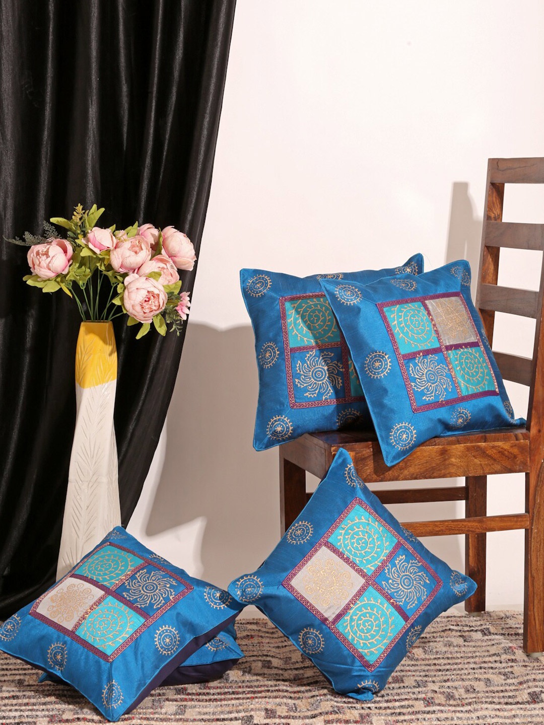 

Gulaab Jaipur Turquoise Blue & Blue Set of 5 Ethnic Motifs Square Cushion Covers