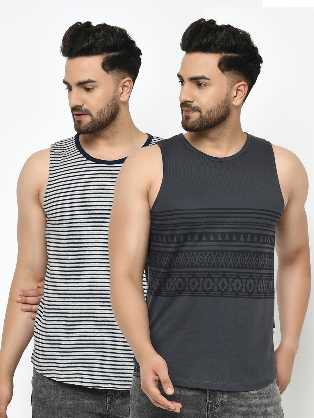 

Rigo Men Pack Of 2 Charcoal Grey & Grey Striped Slim Fit T-shirt