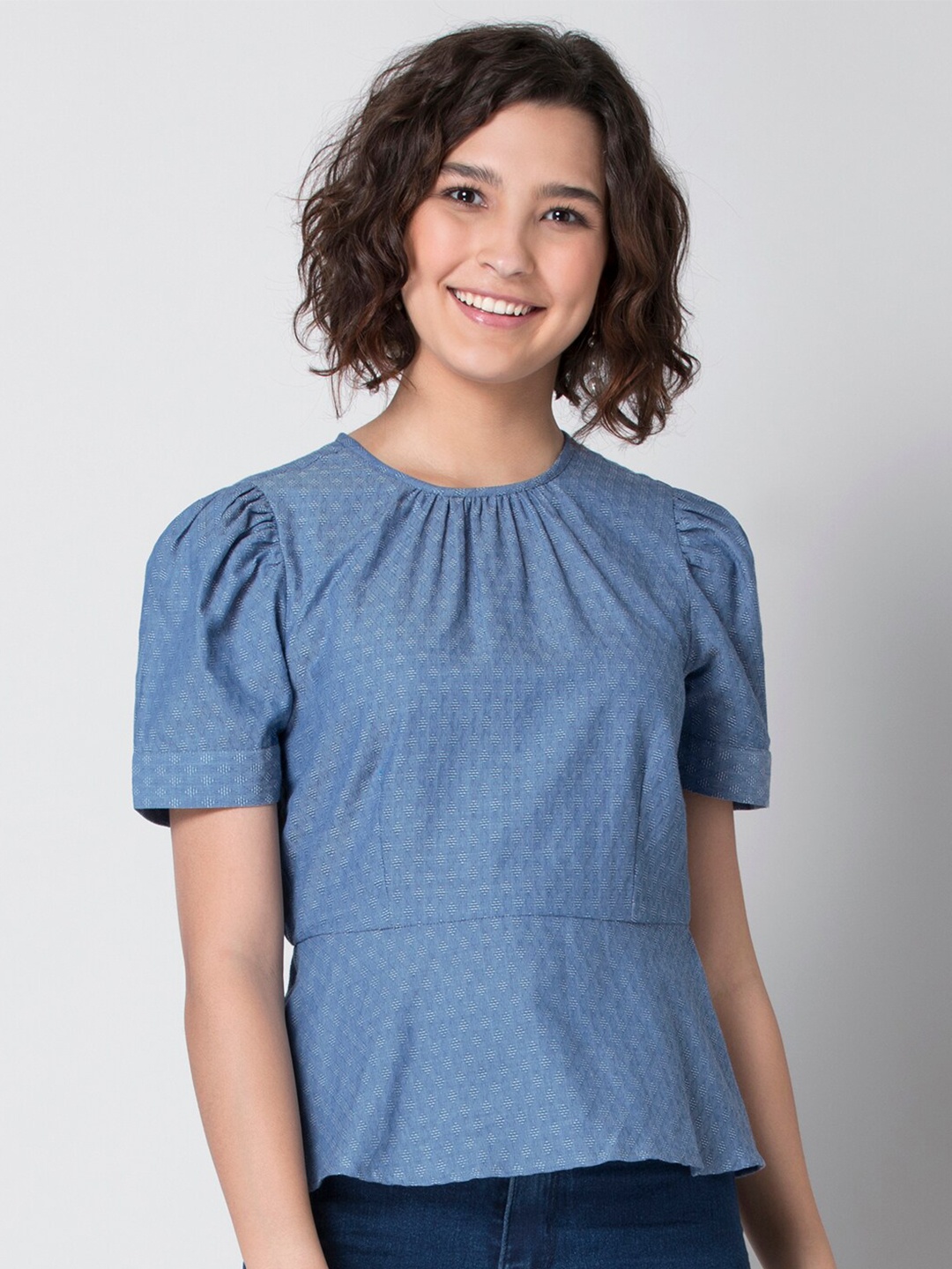 

FabAlley Blue Puff Sleeve Chambray Peplum Top