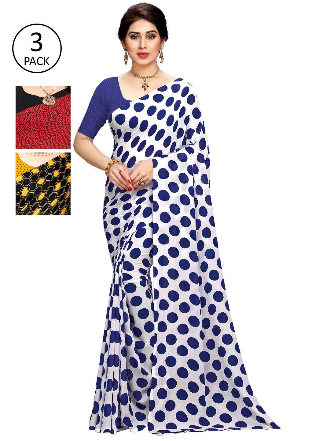 

KALINI Women Pack of 3 Printed Poly Georgette Sarees, White