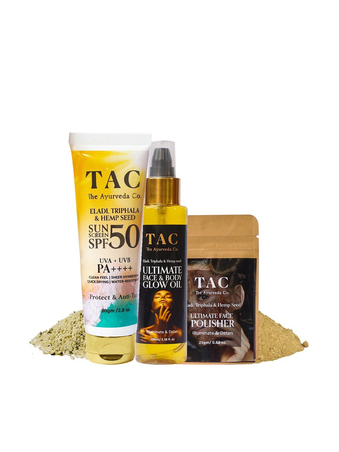 

TAC - The Ayurveda Co. Eladi Triphla & Hemp Seed Oil Face Scrub Oil & SPF 50 Sunscreen, Brown