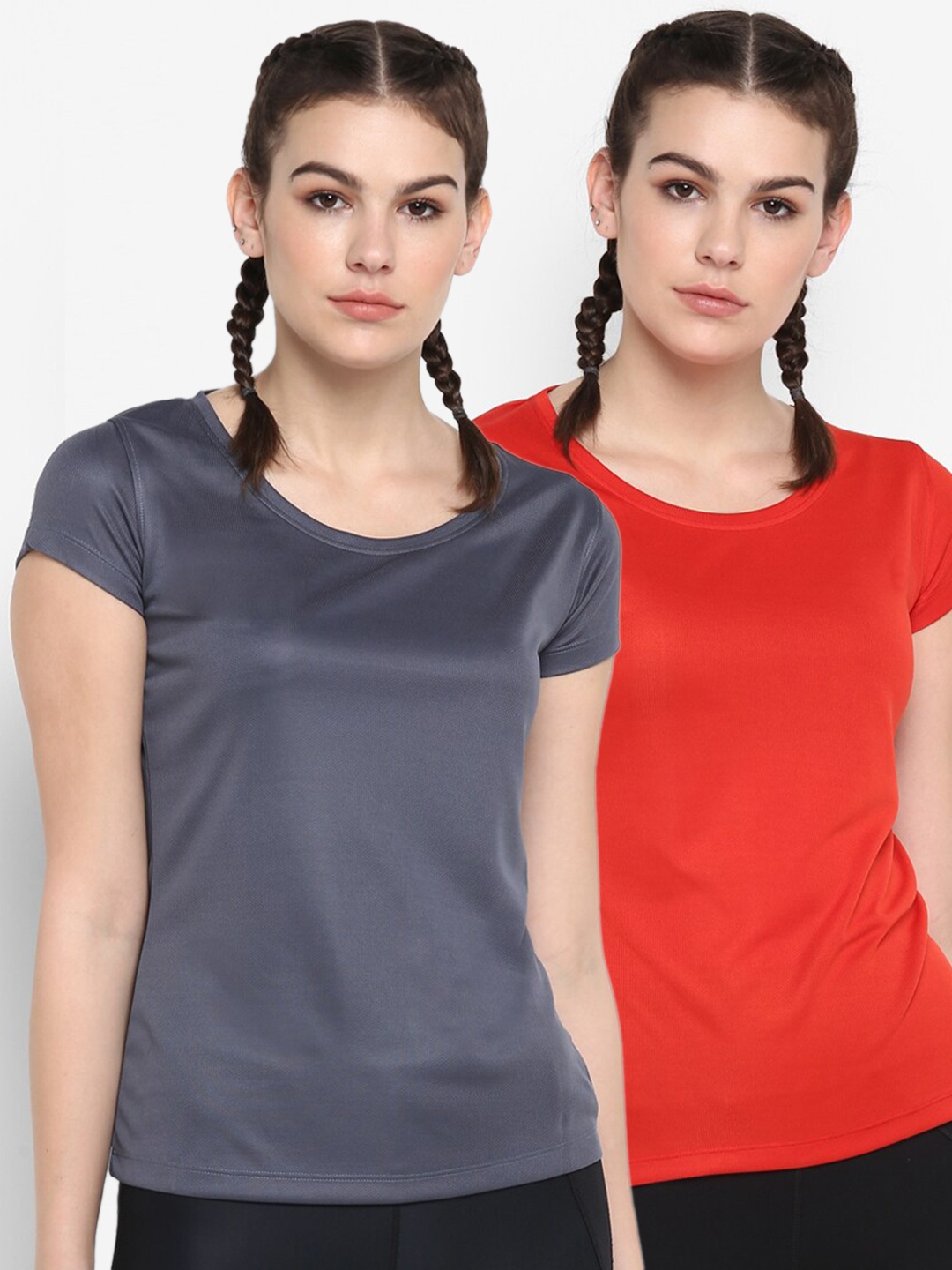 

ScoldMe Pack Of 2 Women Charcoal & Red Slim Fit Sports T-shirt