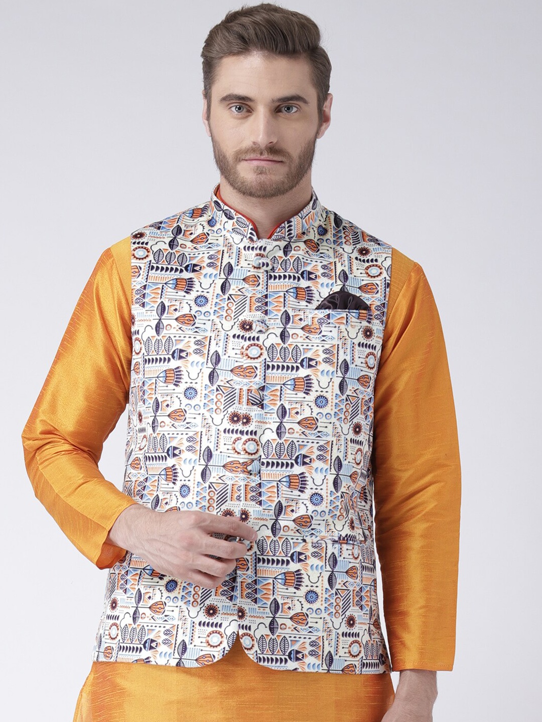Hangup Men Orange & White Printed Nehru Jacket