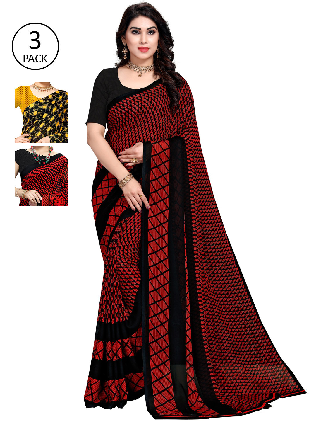 

KALINI Pack Of 3 Poly Georgette Sarees, Red