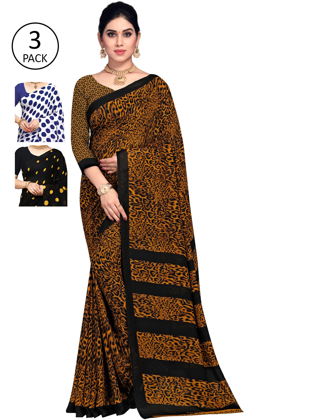 

KALINI Pack Of 3 Multicoloured Poly Georgette Sarees, Multi