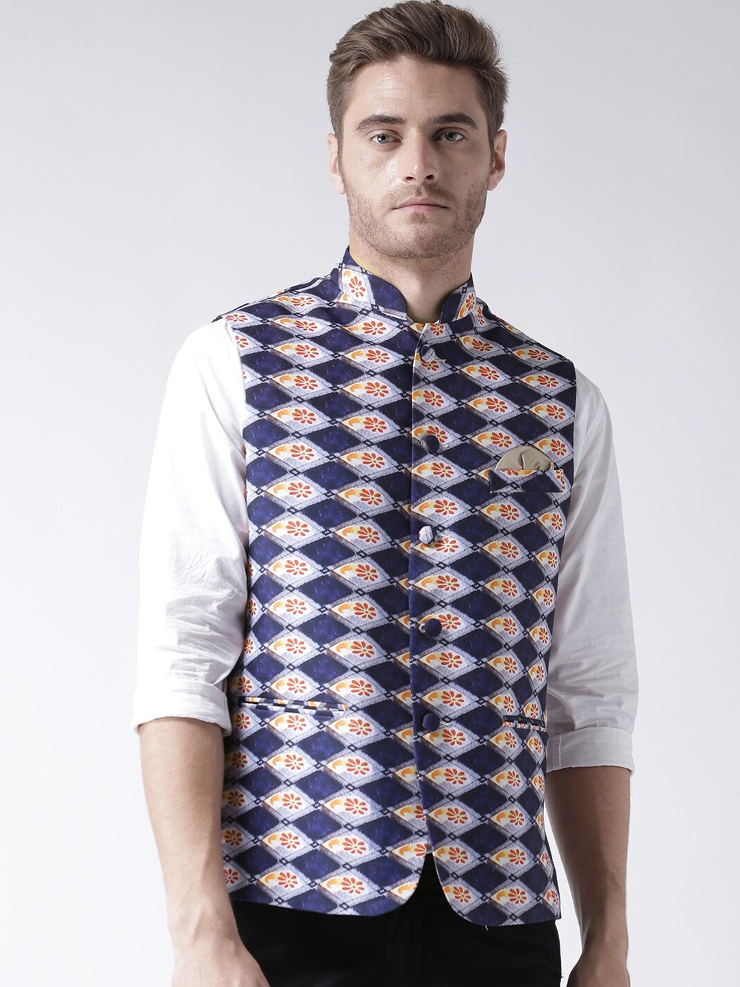 

Hangup Men Blue & White Printed Nehru Jacket