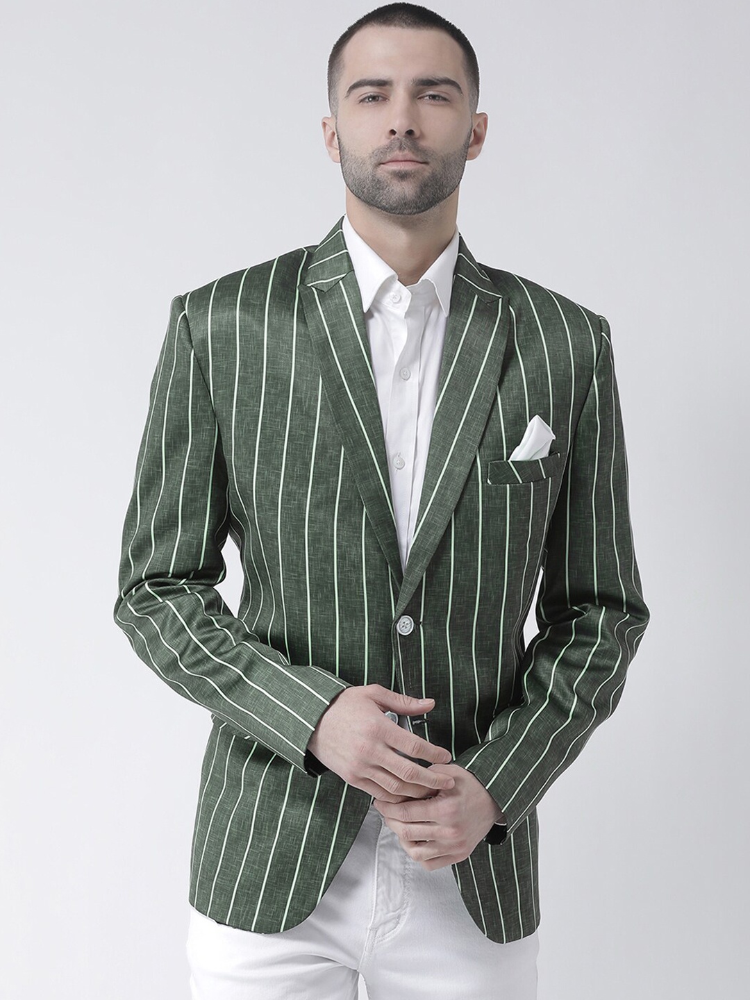 

Hangup Men Green & White Striped Single-Breasted Ethnic Blazer