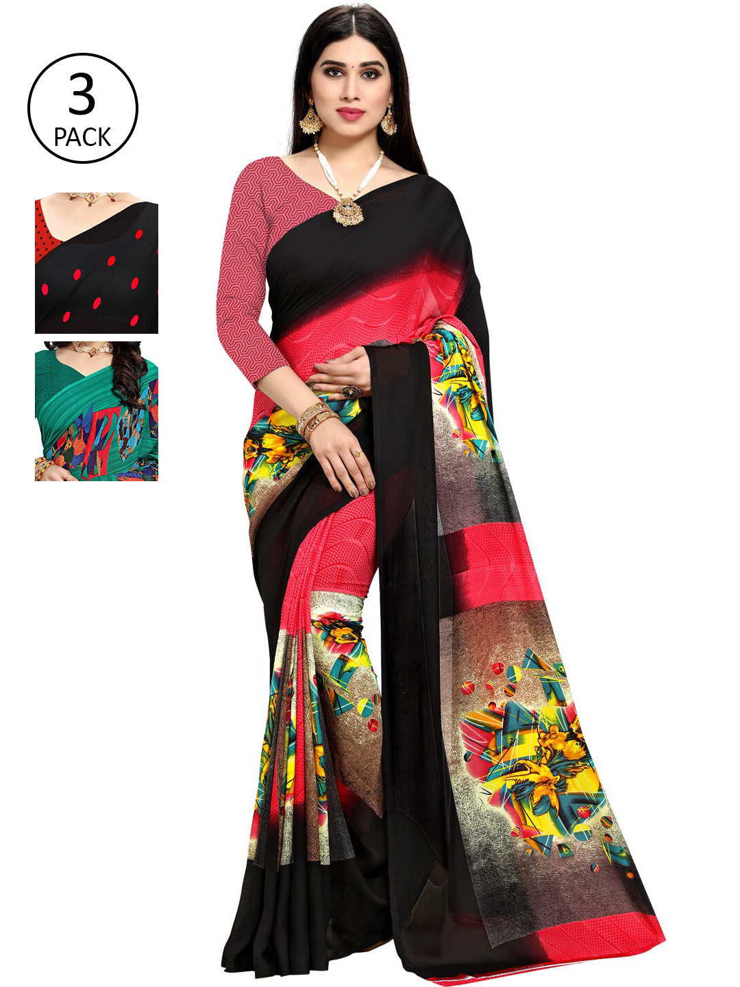 

KALINI Women Pack of 3 Printed Sarees, Green