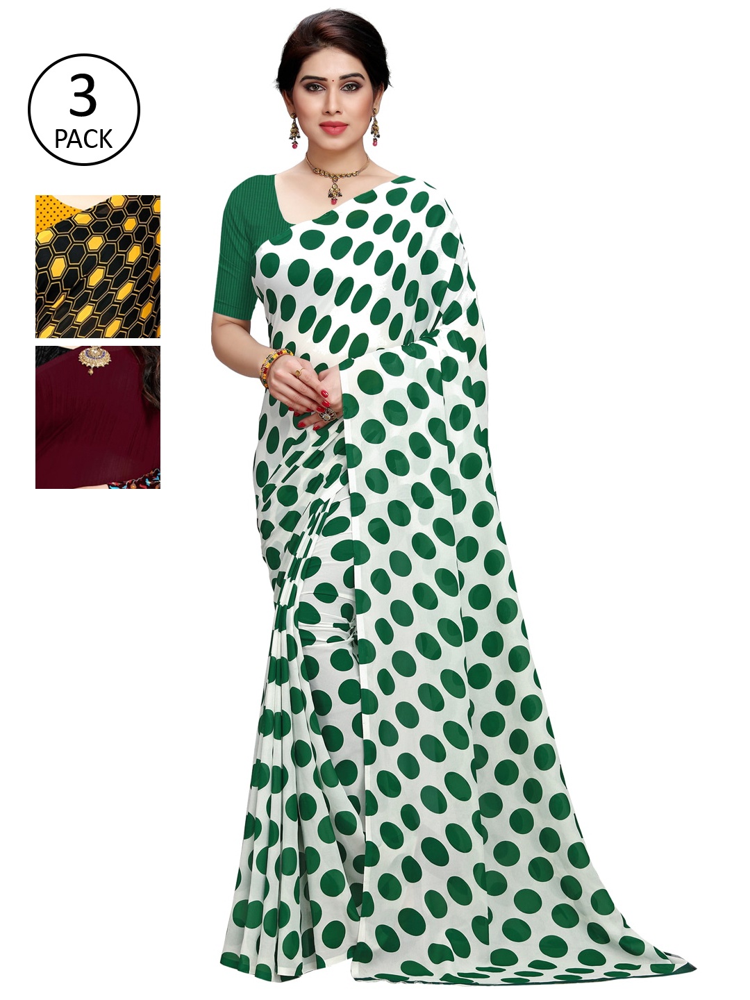 

KALINI Women Pack of 3 Printed Poly Georgette Sarees, White