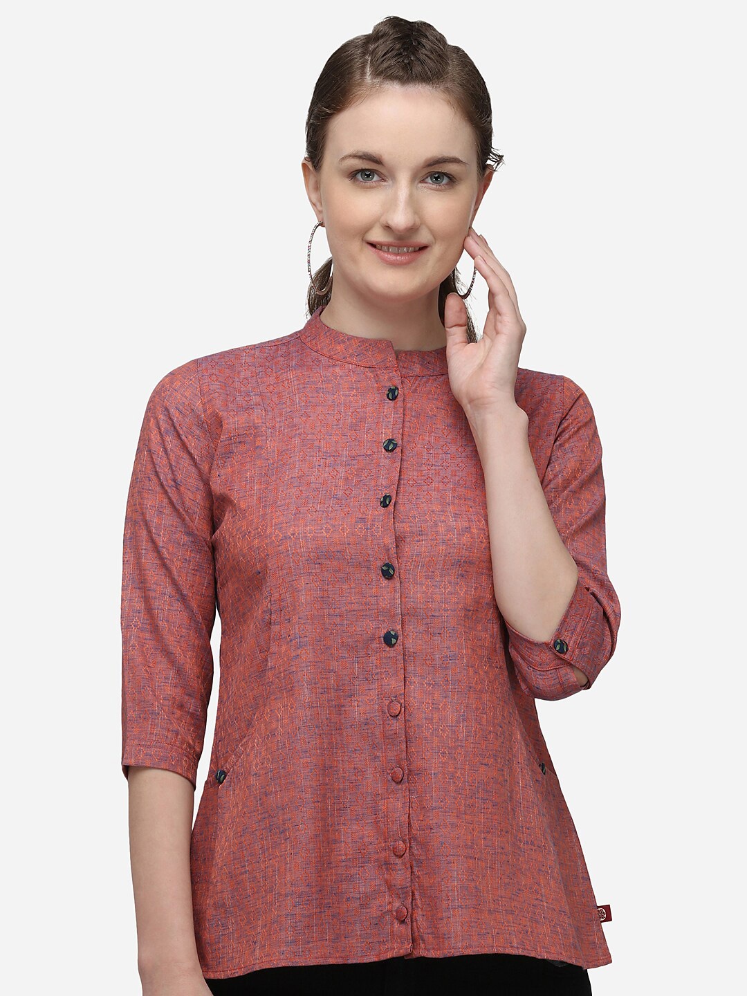 

RAISIN Rust Brown Mandarin Collar Cotton Tunic