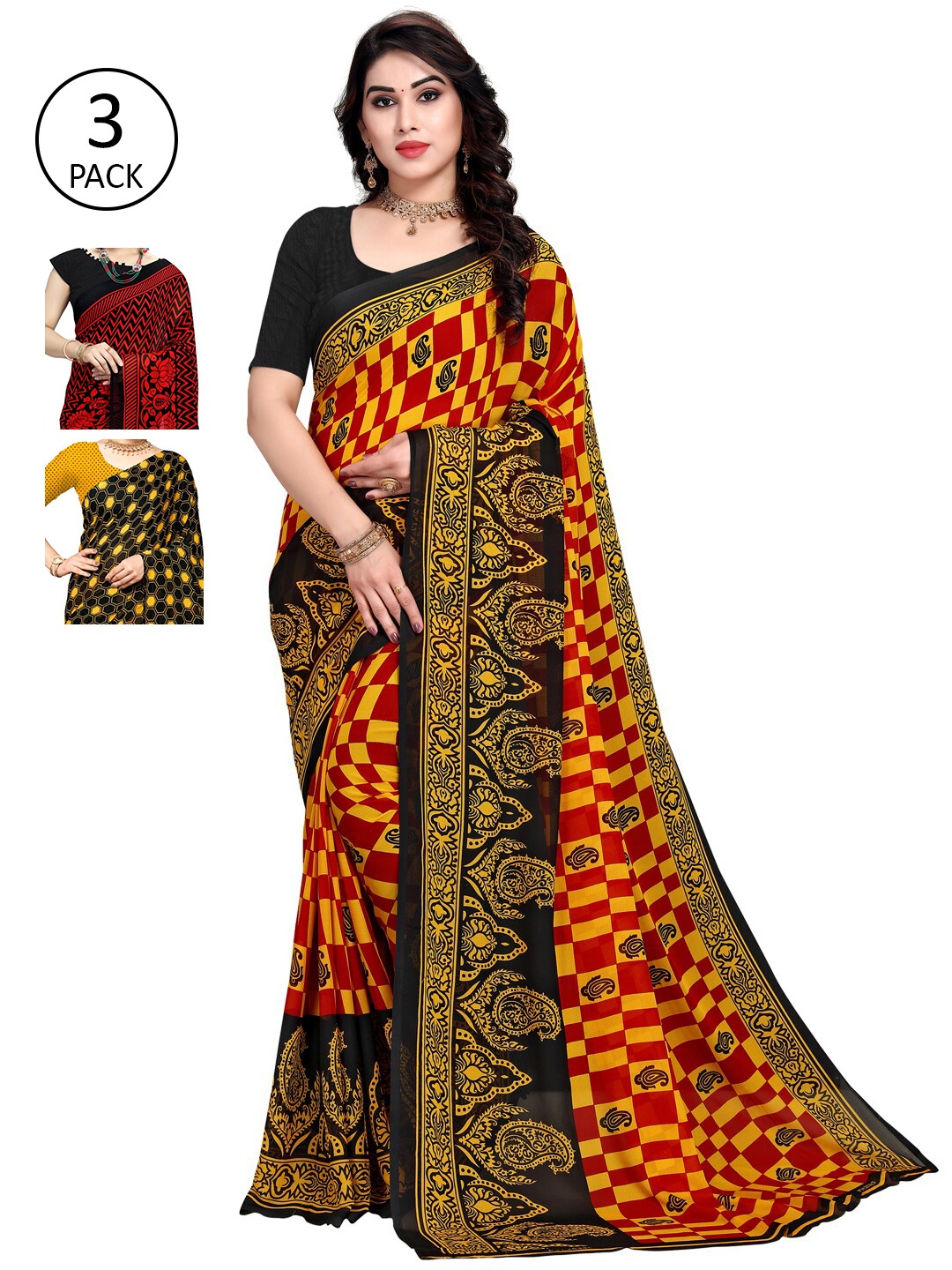 

KALINI Women Pack of 3 Printed Poly Georgette Sarees, Yellow
