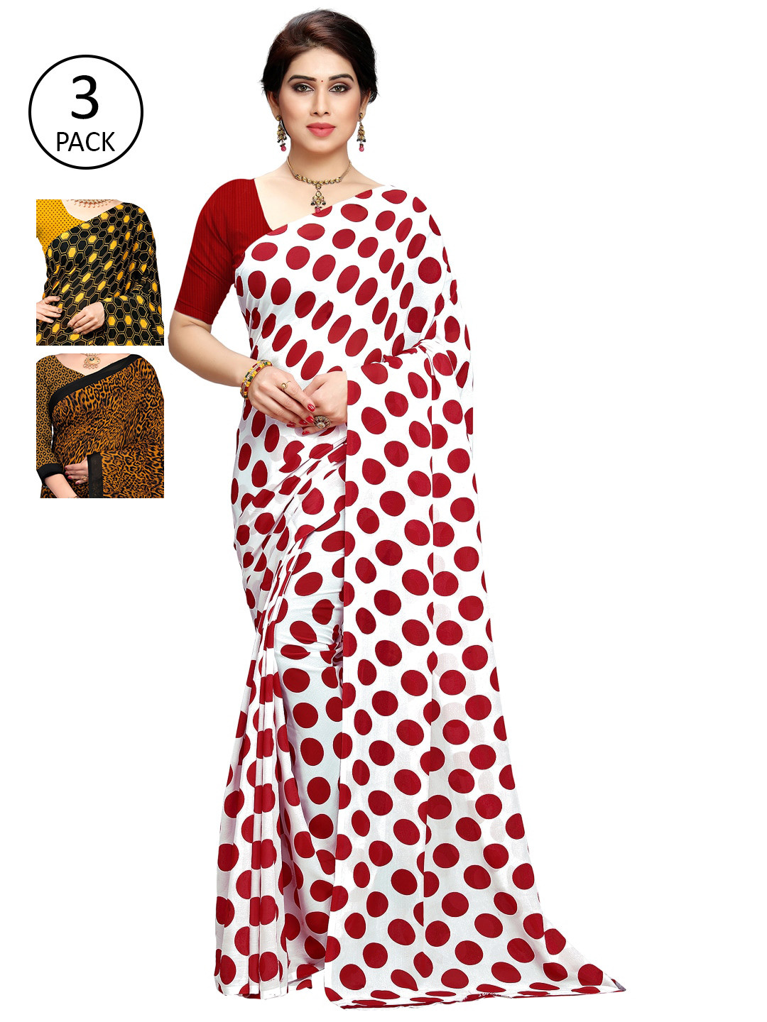 

KALINI Pack of 3 Printed Sarees, Red