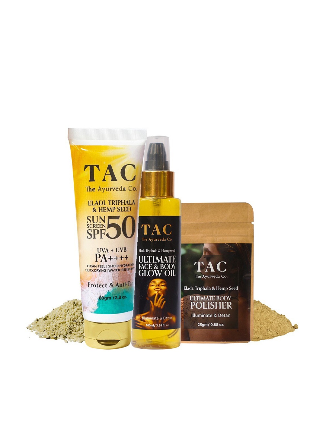 

TAC - The Ayurveda Co. Eladi Triphla & Hemp Seed Oil Body Polishing Kit & Sunscreen SPF 50, Brown