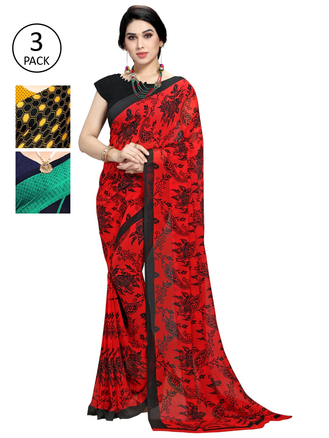 

KALINI Multicoloured Set of 3 Poly Georgette Saree, Multi