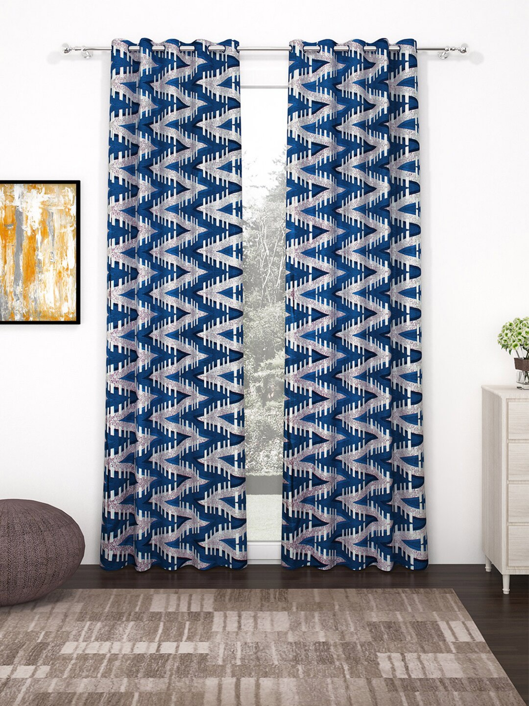 

Bedspun Blue & Grey Set of 2 Geometric Polyester Eyelet Ringtop Door Curtains
