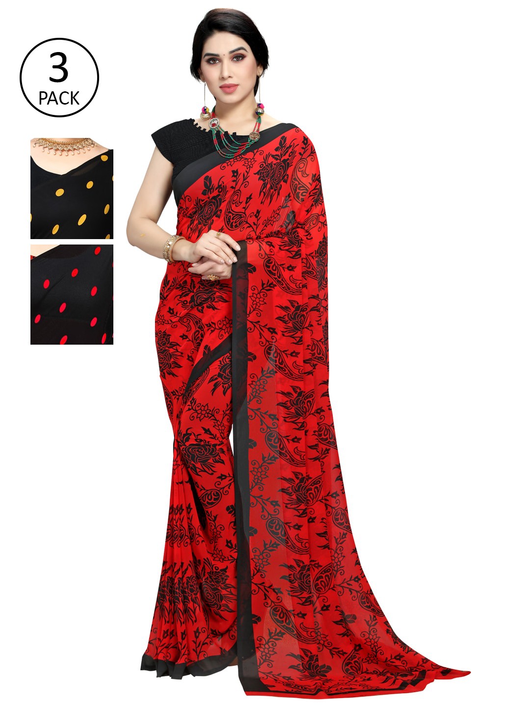 

KALINI Women Pack of 3 Printed Poly Georgette Sarees, Yellow