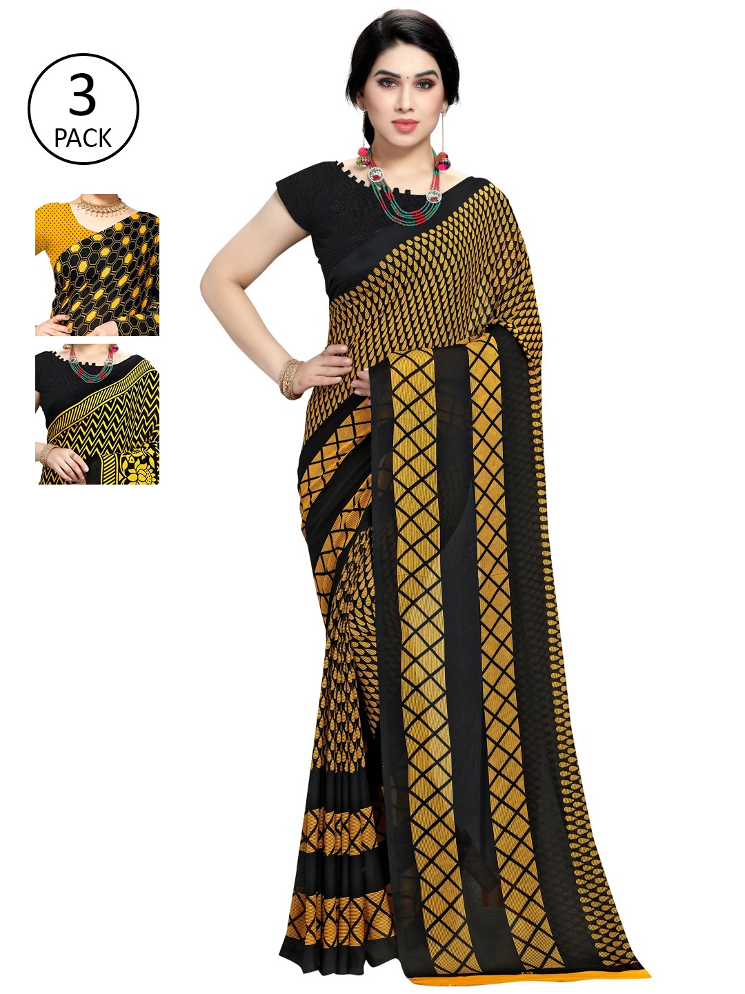 

KALINI Yellow & Black Pack of 3 Saree
