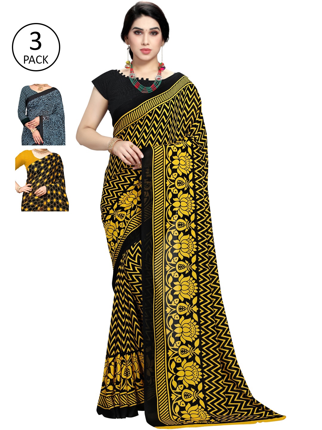 

KALINI Grey & Yellow Pack of 3 Saree