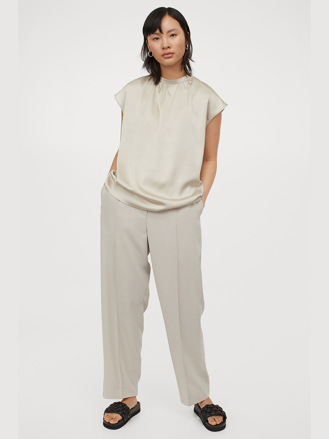 

H&M Women Beige Stand-Up Collar Blouse